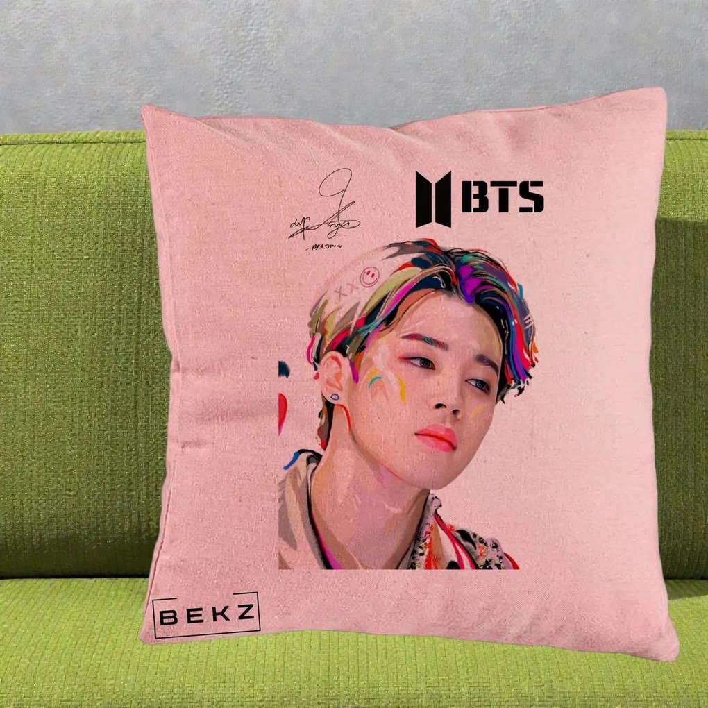 Perna Personalizata K-pop BTS Jimin Portret Artistic Multicolor cu Autograf, 40x40 cm, Roz, Husa Detasabila, Perna Inclusa, BEKZ®