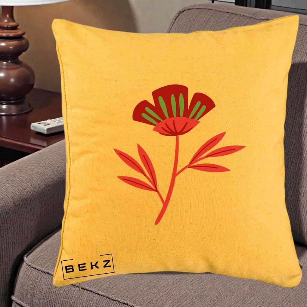 Perna Decorativa Floare Macul Roz-Rosu Grafic, 40x40 cm, Galben, Husa Detasabila, Perna Inclusa, BEKZ®