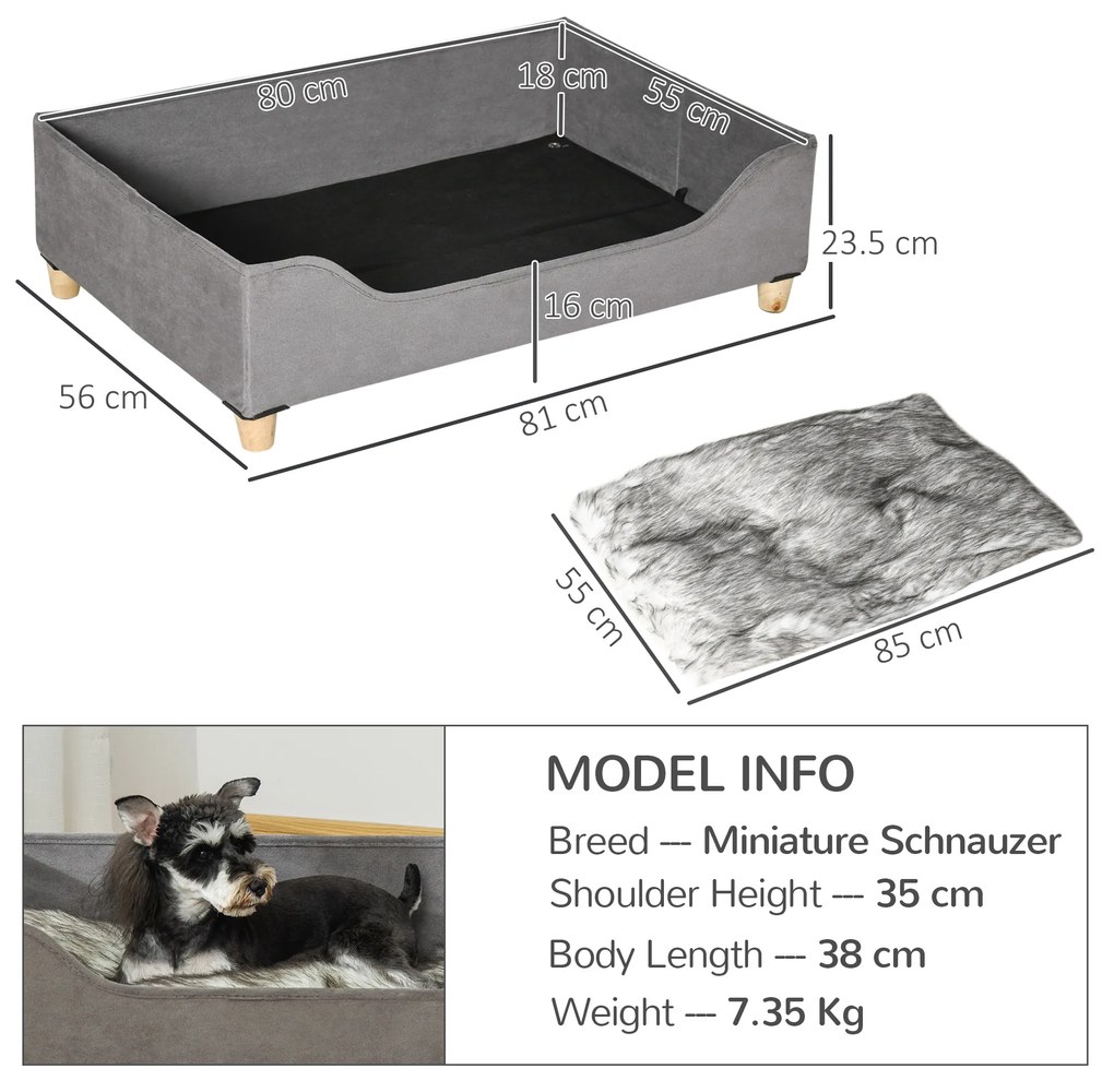 Culcus pentru Caini Inaltat PawHut cu Perna Lavabila, Patut pentru Caini Capitonat din Lemn si Plus, 81Lx56x23,5cm, Gri | Aosom RO