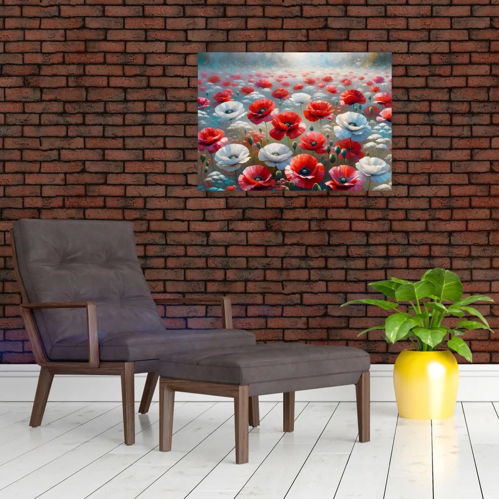 Tablou pe sticlă - Câmp de maci (70x50 cm)