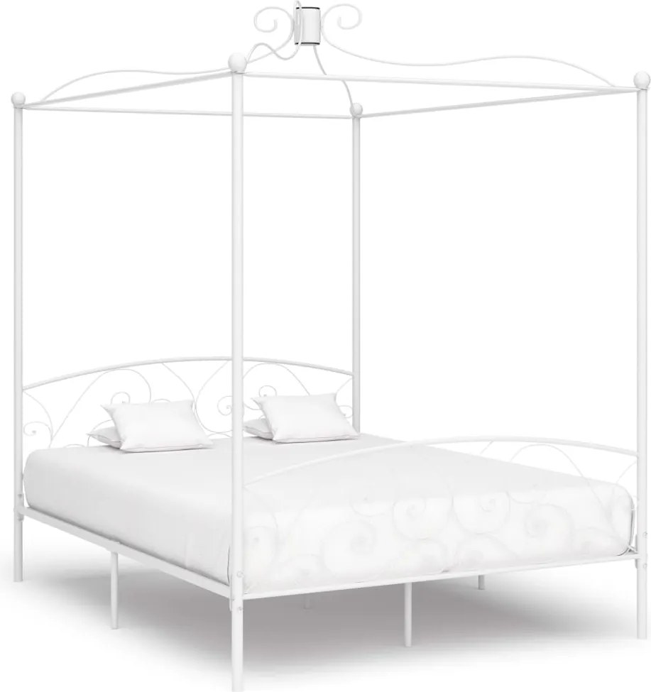 vidaXL Cadru de pat cu baldachin, alb, 160 x 200 cm, metal
