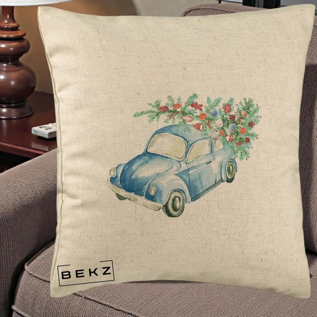 Perna Decorativa Masinuta Albastra cu Brad de Craciun, 40x40 cm, Bej, Husa Detasabila, Perna Inclusa, BEKZ®
