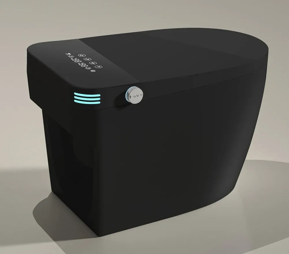 Smart WC 822 – Vas de Toaletă Inteligent cu Bideu, Sterilizare UV, Deschidere/Închidere automată, Senzor picior, Control inteligent al Temperaturii, Uscare aer cald, Iluminare de noapte, Afișaj LED, Telecomandă, Ceramică, Negru