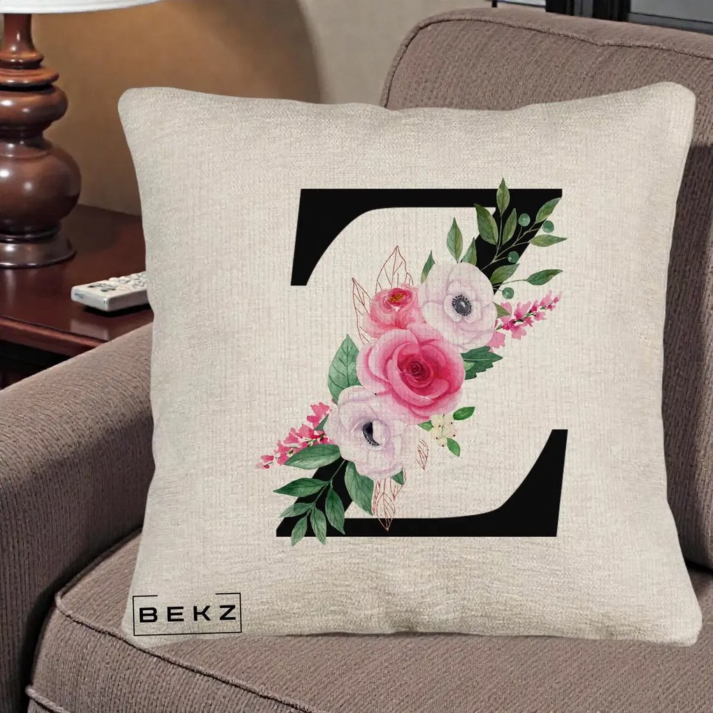 Cadou Personalizat - Perna Personalizata Monograma Florala Litera Z cu Buchet, 40x40 cm, Bej Canapea, Husa Detasabila, Perna Inclusa, BEKZ®