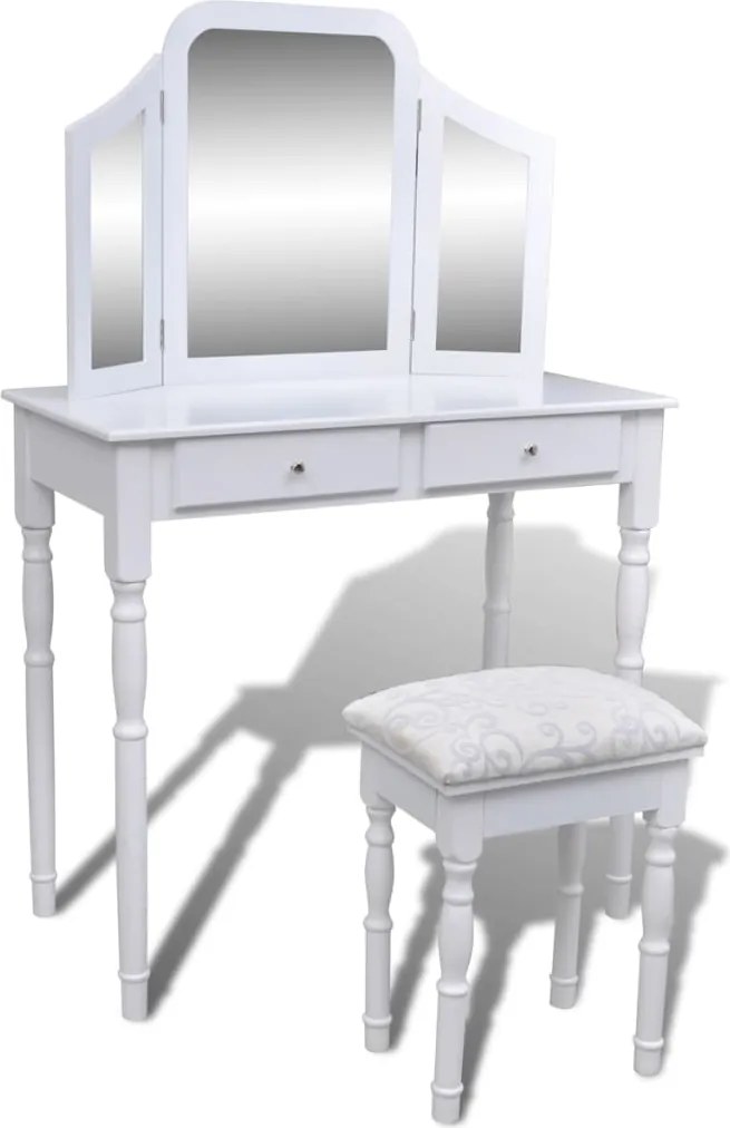 vidaXL Masă de toaletă cu oglindă 3 în 1 și taburet, 2 sertare, alb