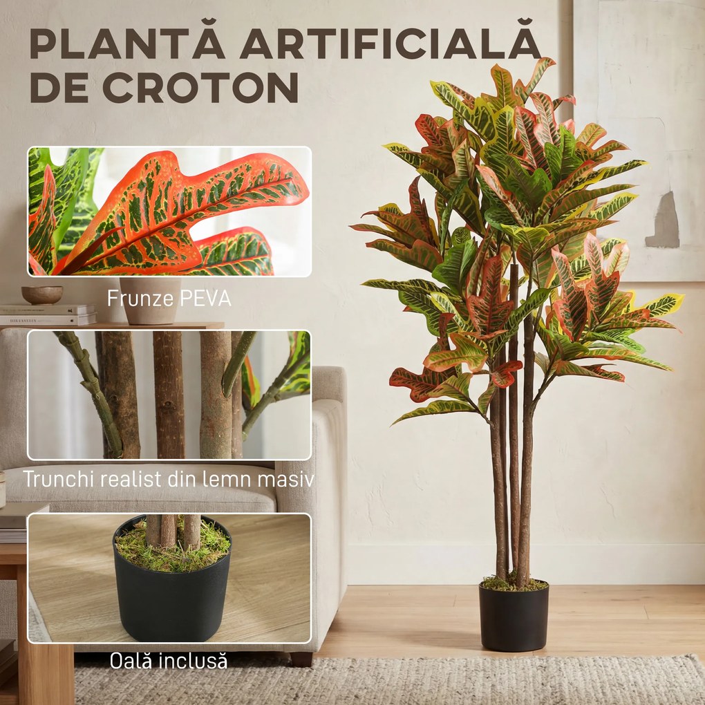 HOMCOM Plantă Artificială Croton cu 139 Frunze Modelabile și Ghiveci Alb din PP și Ciment, Plantă Falsă din PEVA și Lemn, 55x55x120 cm, Multicolor | Aosom Romania