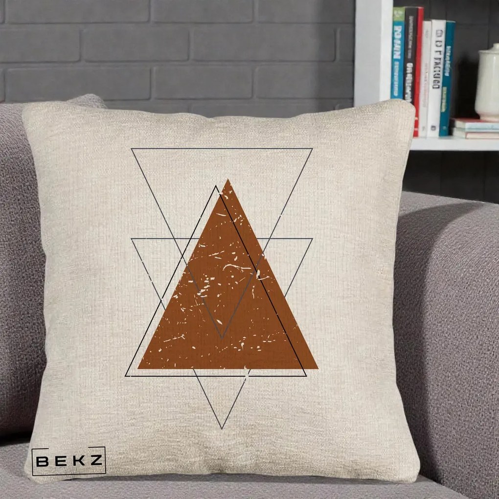Perna Decorativa Geometric Triunghiuri Sacred, 40x40 cm, Bej Canapea, Husa Detasabila, Perna Inclusa, BEKZ®