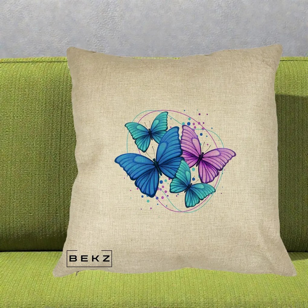 Perna Decorativa Patru Fluturi Turcoaz-Violet, 40x40 cm, Crem, Husa Detasabila, Perna Inclusa, BEKZ®