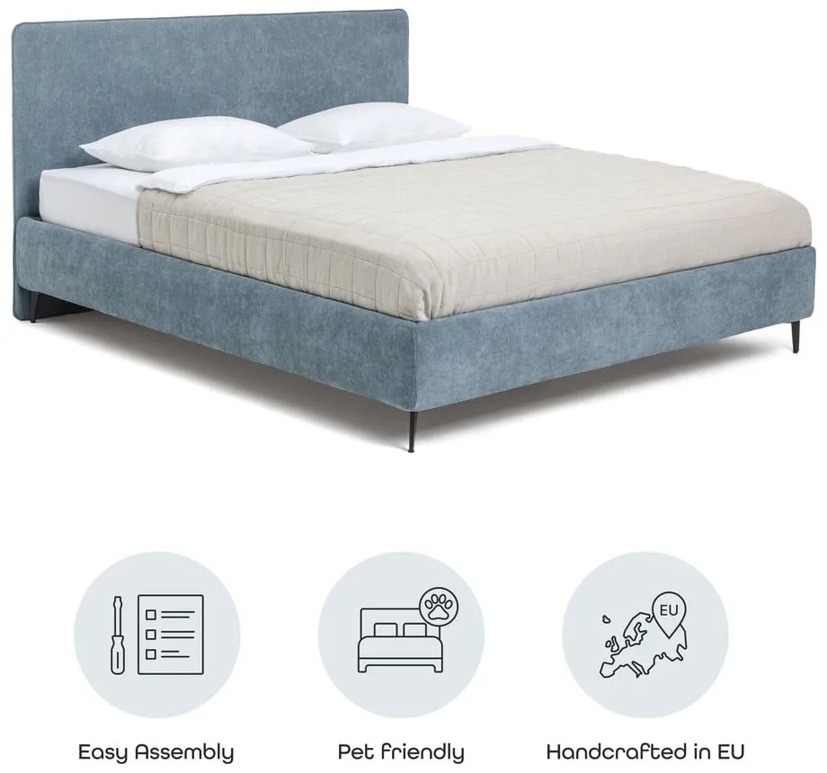 Pat matrimonial albastru tapițat cu somieră 160x200 cm Noira Slim – Bonami Selection