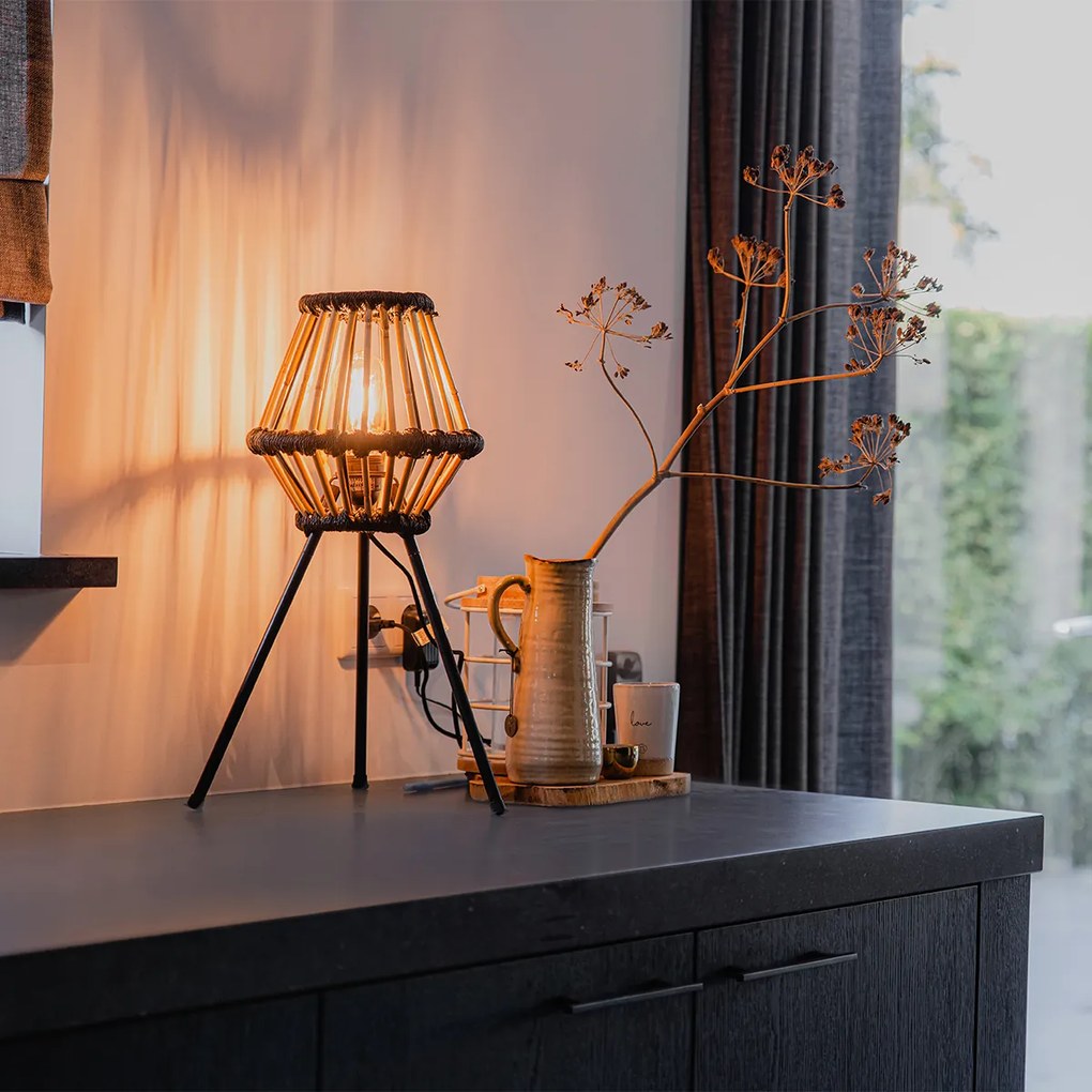 Lampă de masă rustică cu trepied din bambus cu negru - Evalin