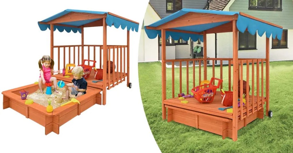 Casuta de joaca din lemn cu lada de nisip si acoperis parasolar