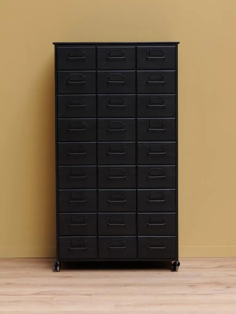 Dulap cu sertare vintage industrial din metal, negru, cu 27 de sertare, port-etichete și roți cu frână, finisaj antichizat, 132 x 76 x 37 cm, „Office”