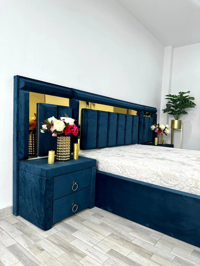 Dormitor Napoli, culoare albastru / alb, cu pat Napoli 160 x 200 cm, dressing Erika 150 cm si 2 noptiere Napoli
