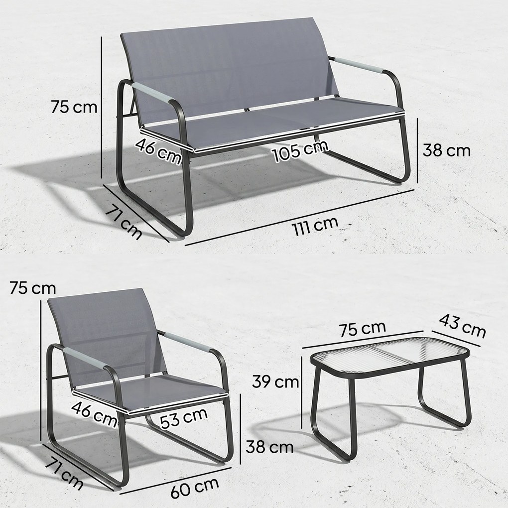 Outsunny Set de Grădină 4 Piese, Canapea cu 2 Locuri, 2 Fotolii, Măsuță din Sticlă Temperată, Gri | Aosom Romania