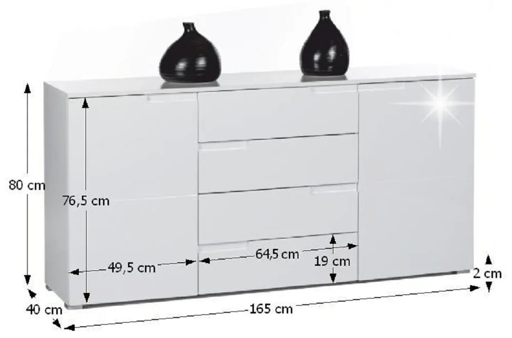 Comoda spatioasa cu sertare si usi frezate, din mdf superlucios alb, 165 cm , Bortis alb mat fin/alb lucios mdf fatada usi sertare