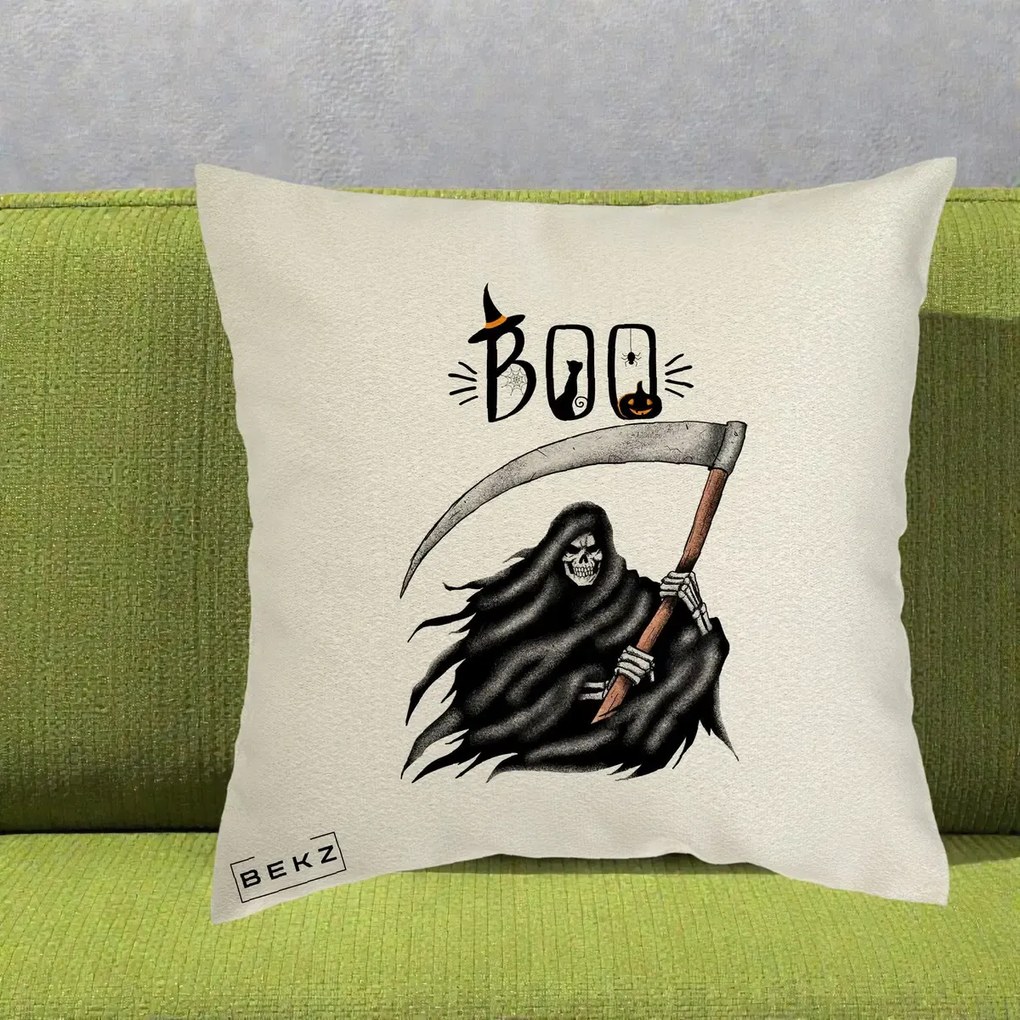 Perna Decorativa Halloween Boo Grim Reaper cu Coasa, 40x40 cm, Ecru, Husa Detasabila, Perna Inclusa, BEKZ®