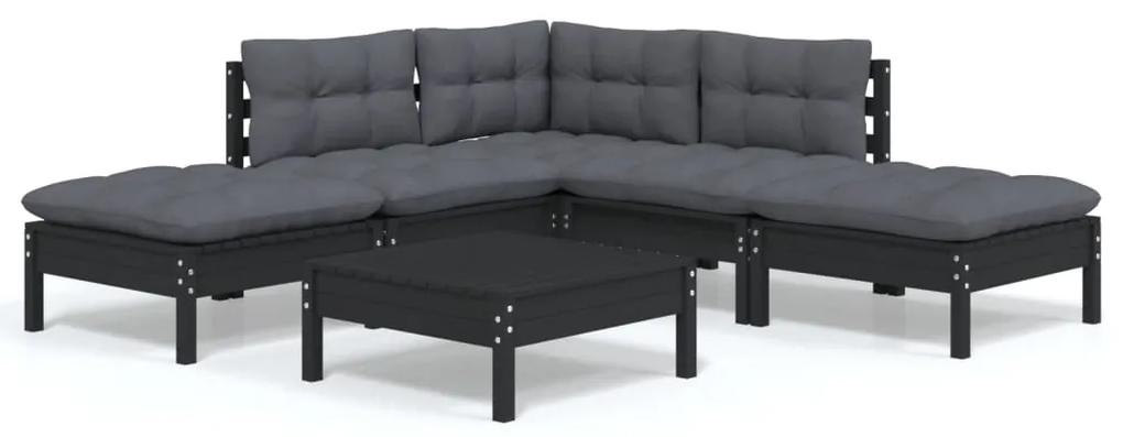 3096320 vidaXL Set mobilier de grădină cu perne, 6 piese, negru, lemn de pin