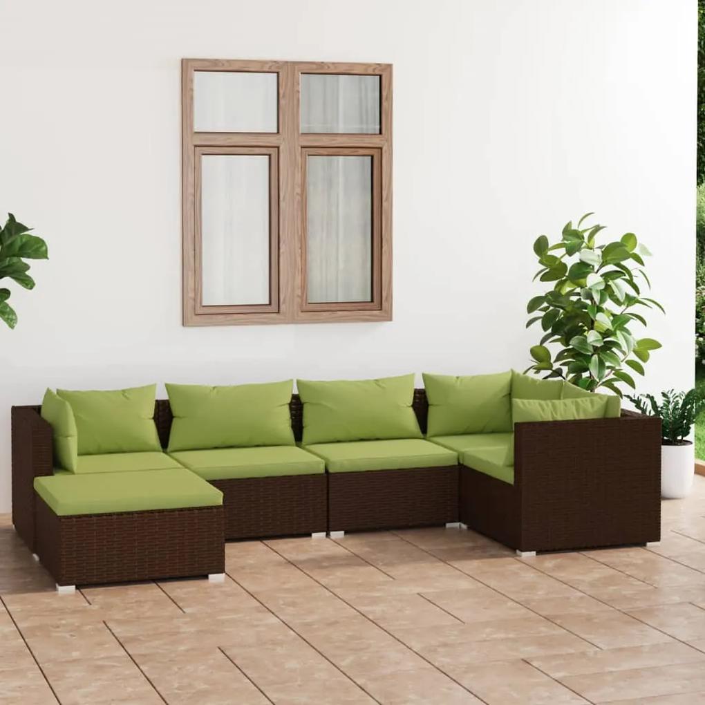 Set mobilier de gradina cu perne, 6 piese, maro, poliratan maro si verde, 3x colt + 2x mijloc + suport pentru picioare, 1