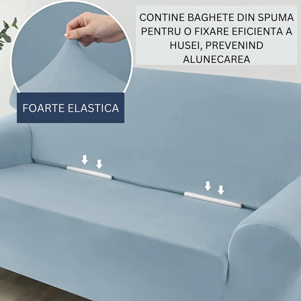 Set huse elastice din catifea pentru canapea 3 locuri + 2 fotolii, cu brate, bleu, HCCJS-10