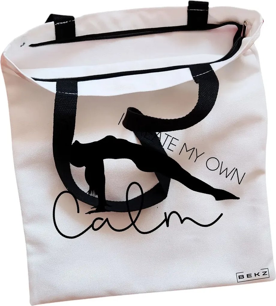 Sacosa de Panza pentru Cumparaturi, Geanta Tote, Yoga I create my own calm, Cu fermoar, 38x34.5 cm, Alba, BEKZ®