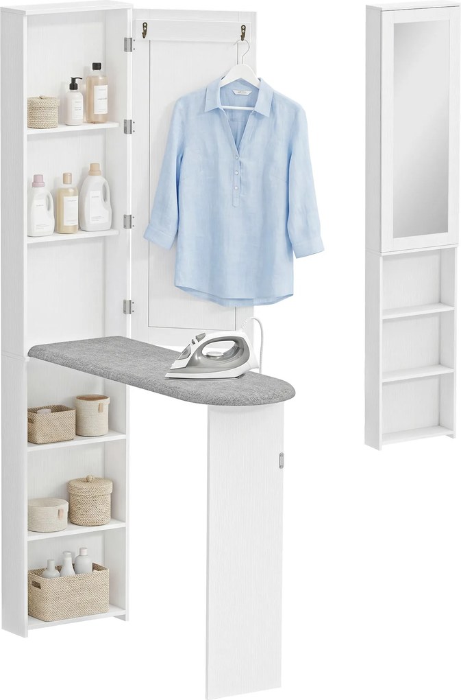 HOMCOM Dulap pliabil pentru masă de călcat cu ușă rafturi interne oglindă Economisitor de spațiu Masă de călcat pentru îngrijirea rufelor 106x35x174 cm Alb | Aosom Romania