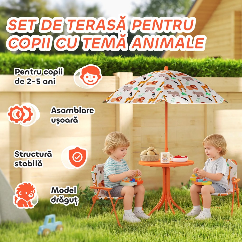 AIYAPLAY Set de Grădină pentru Copii, Masă și Scaune cu Umbrelă, Masă de Picnic pentru Exterior cu 2 Scaune Pliabile pentru Copii de 2-5 Ani, Portocaliu | Aosom Romania