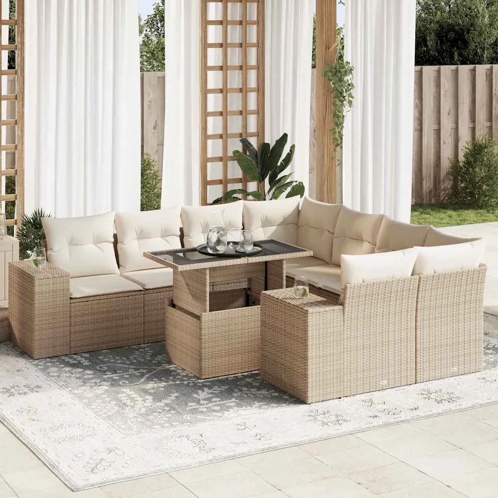 vidaXL Set canapele de grădină, 9 piese, cu perne, bej, poliratan