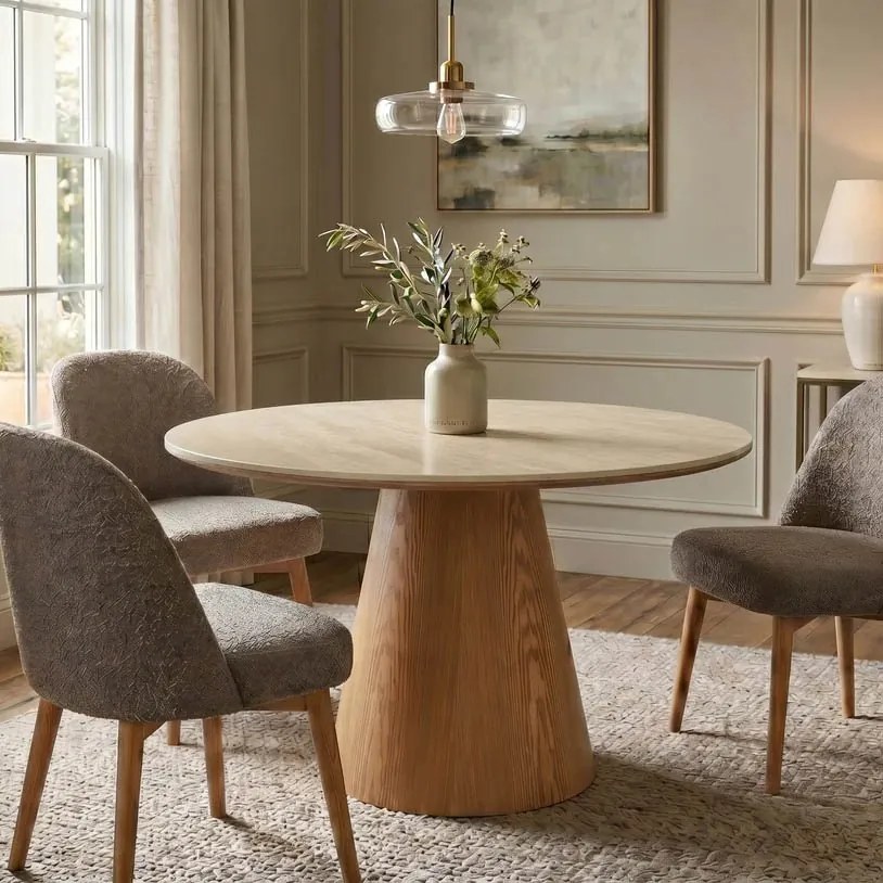 Masa rotunda Ceramica travertin, Furnir stejar, UNIQUE 120cm