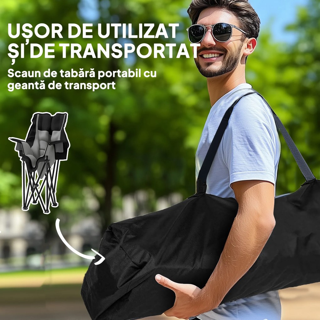 Outsunny Scaun de Camping Pliabil cu 2 Suporturi pentru Pahare și Buzunare Laterale, 99x71x103 cm, Gri | Aosom Romania