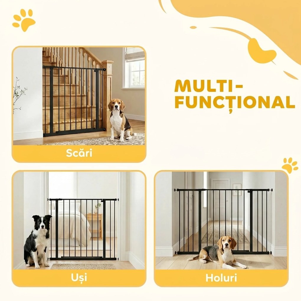 PawHut Poartă pentru Câine Extensibilă cu Deschidere Amplă, Poartă de Siguranță din Oțel și Plastic, 76-107x76 cm, Negru | Aosom Romania