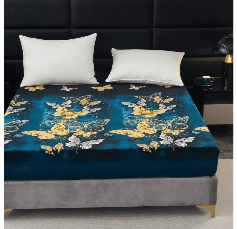 Cearsaf Cocolino microplus cu elastic FLUTURE AURIU SI ALB 180x200 cm verde inchis