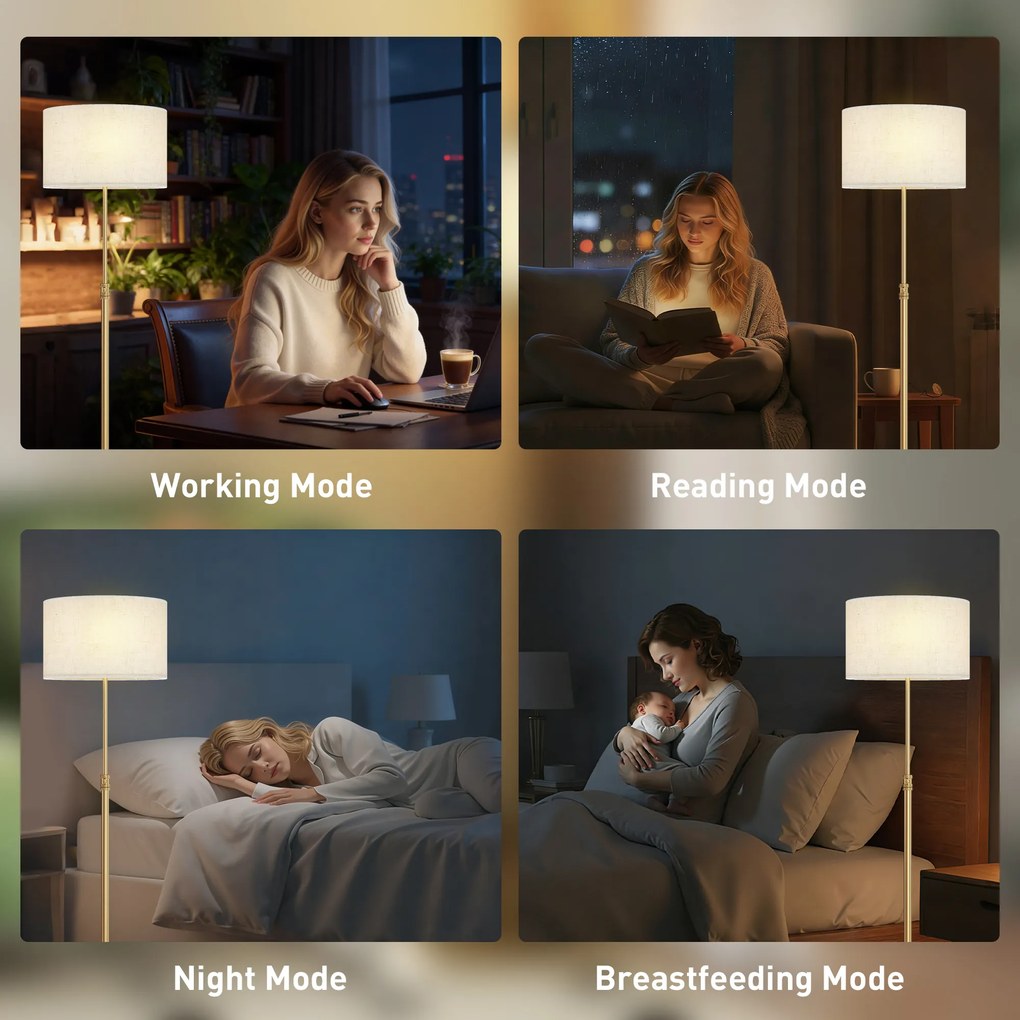 HOMCOM Lampă de Podea cu Telecomandă și Luminozitate Reglabilă 3000K-6000K, Abajur din Material Textil, Auriu | Aosom Romania