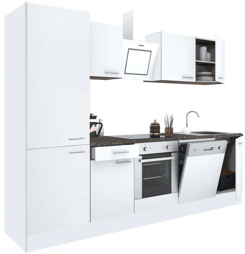 Mobilă de bucătărie Yorki 280, corp alb, față alb satinat, element inferior cuptor, dulap raft