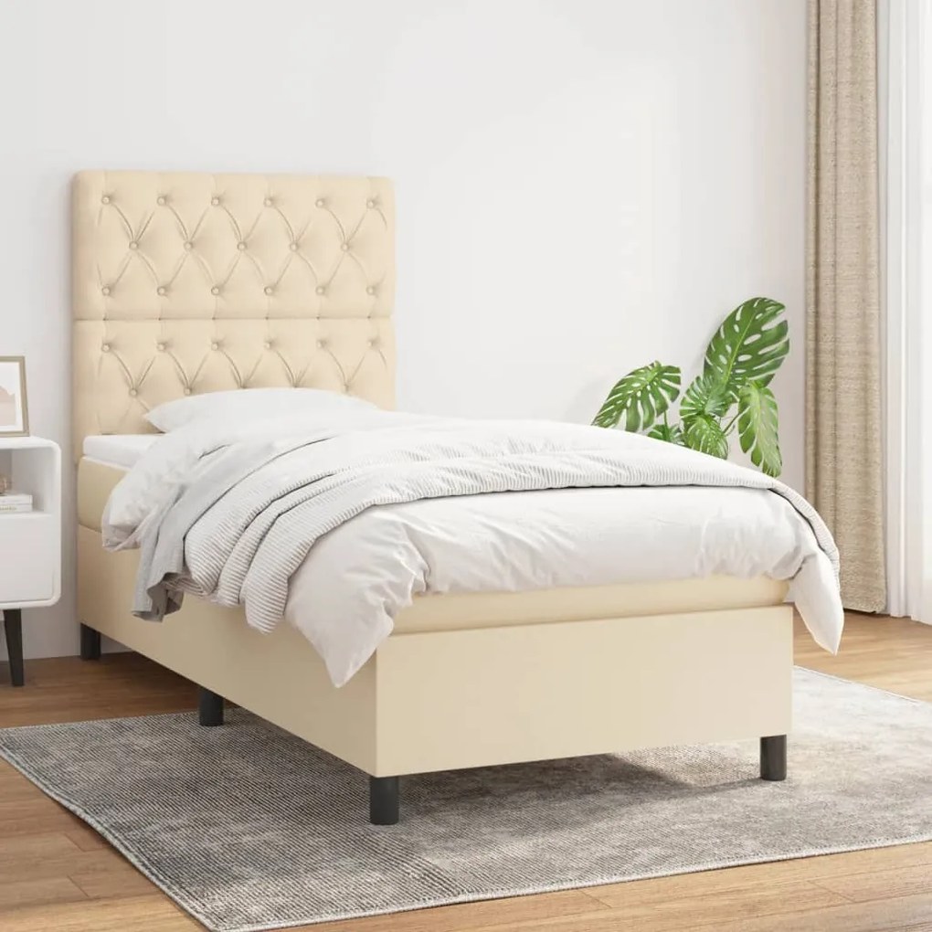 vidaXL Pat box spring cu saltea, crem, 80x200 cm, textil