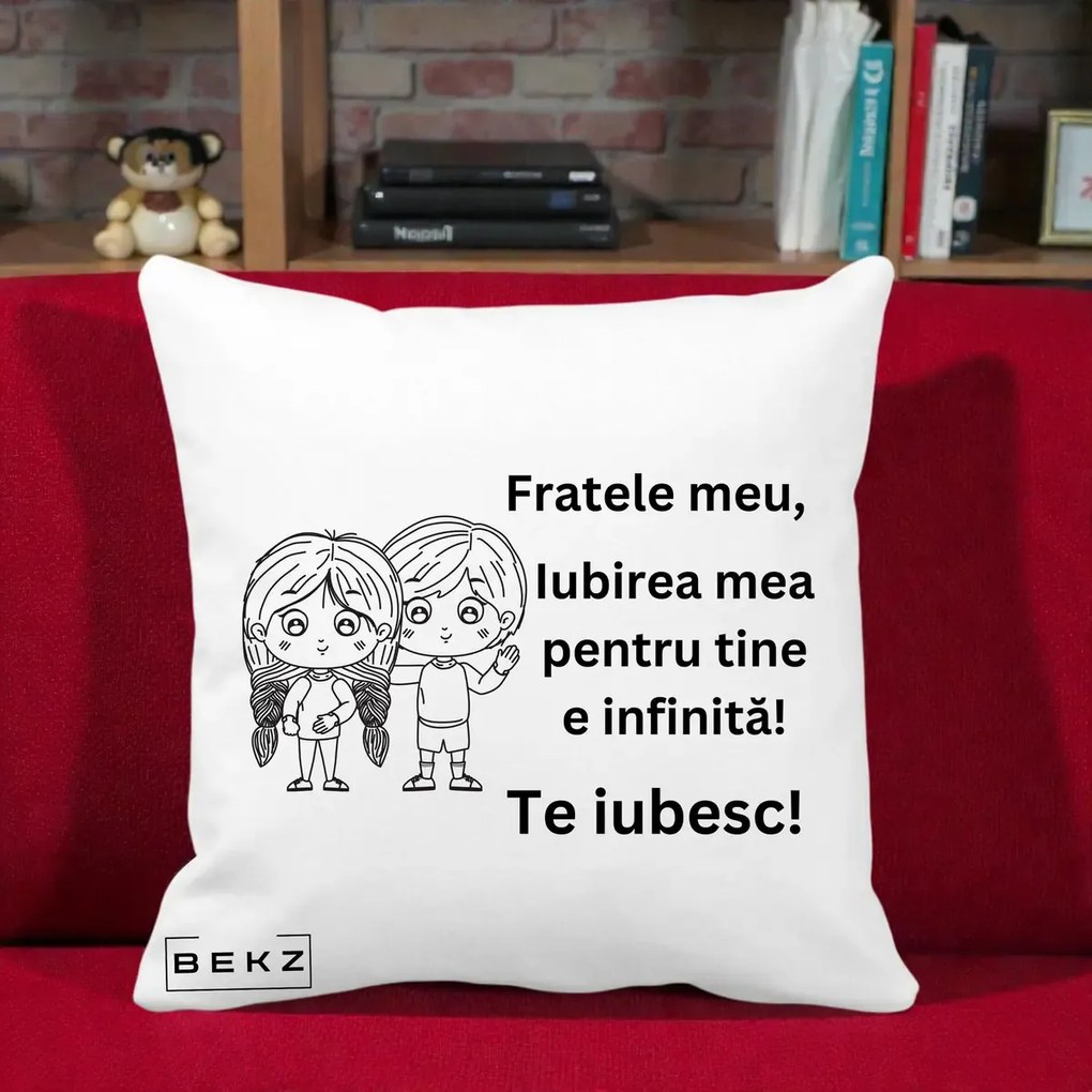 Cadou pentru Frate - Perna Personalizata Fratele Meu Te Iubesc Copii Anime Line Art Negru, 40x40 cm, Alba Mata, Husa Detasabila, Perna Inclusa, BEKZ®
