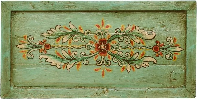 Tavă din lemn reciclat pictată manual cu motive florale tradiționale, 55×28×H2 cm, „WE ♡ RECYCLING"
