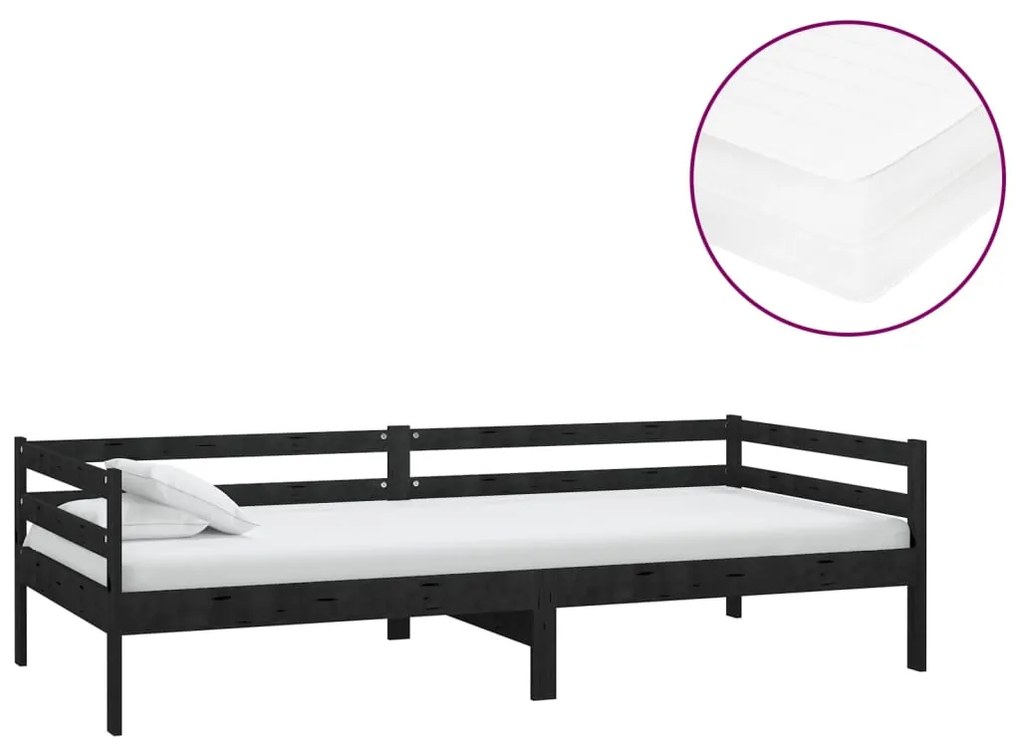 3083573 vidaXL Pat de zi cu saltea, negru, 90x200 cm, lemn masiv de pin