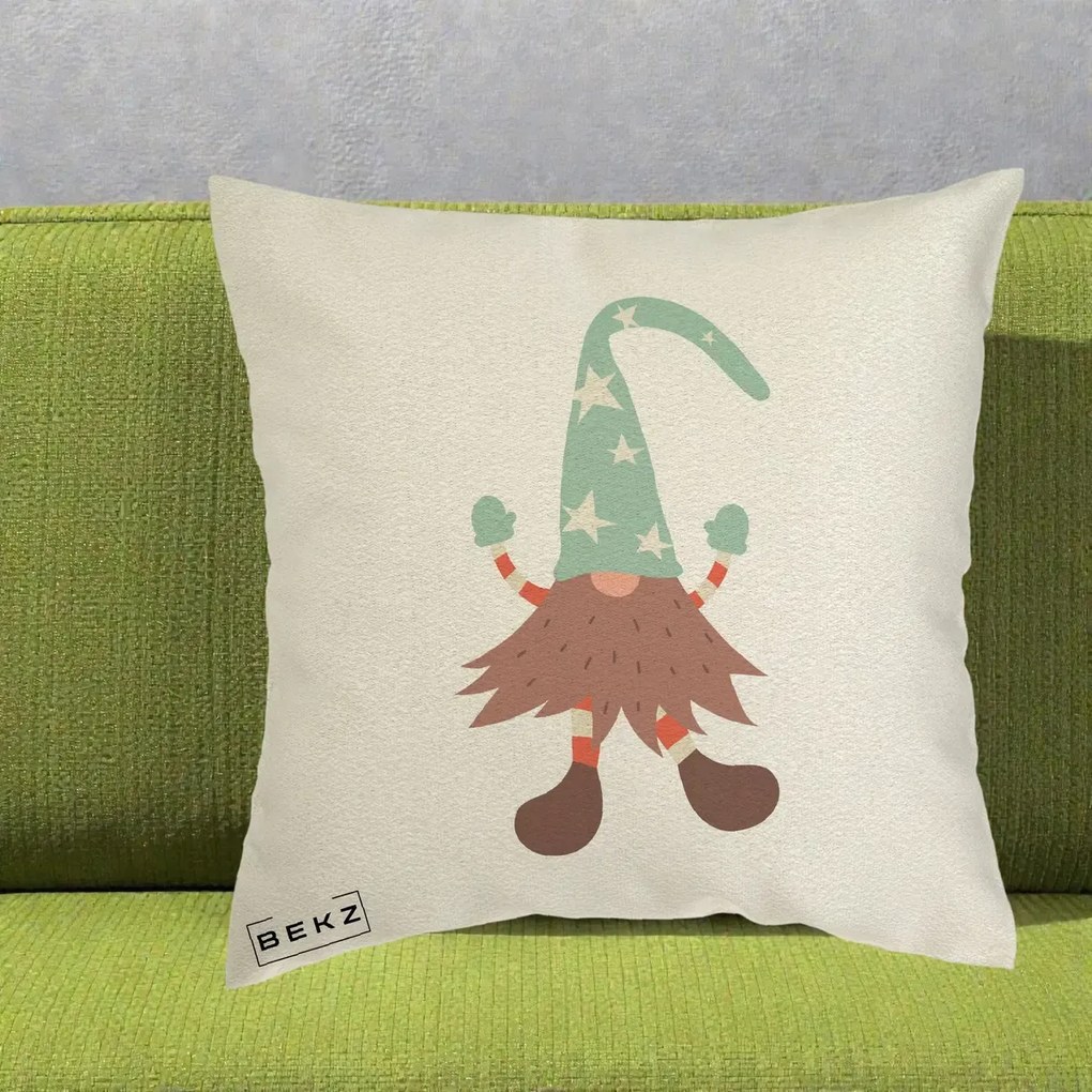 Perna Decorativa Pitic Gnom Nordic cu Cadou Menta, 40x40 cm, Ecru, Husa Detasabila, Perna Inclusa, BEKZ®