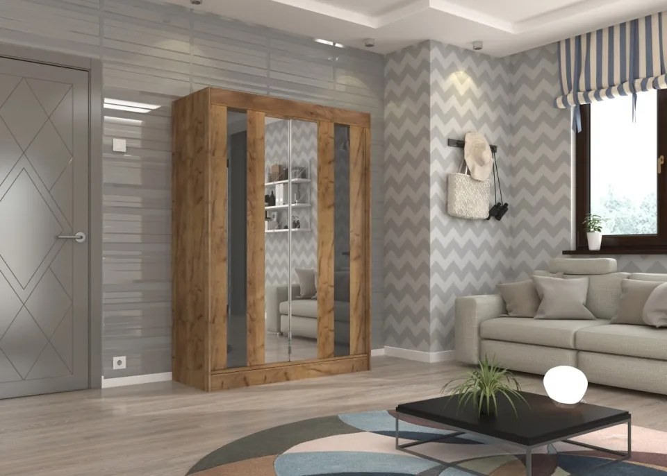 Dulap cu usi glisante si oglinda 150x215 cm, Keita, ADRK Furniture (Culoare: Negru / Alb Lacobel)