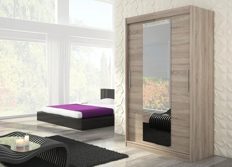 Dulap cu usi glisante si oglinda 150x200 cm, Iness, ADRK Furniture (Culoare: Negru)