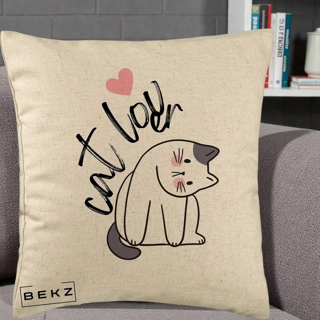 Perna Personalizata Cat Lover Pisica Ilustratie Linie, 40x40 cm, Bej, Husa Detasabila, Perna Inclusa, BEKZ®