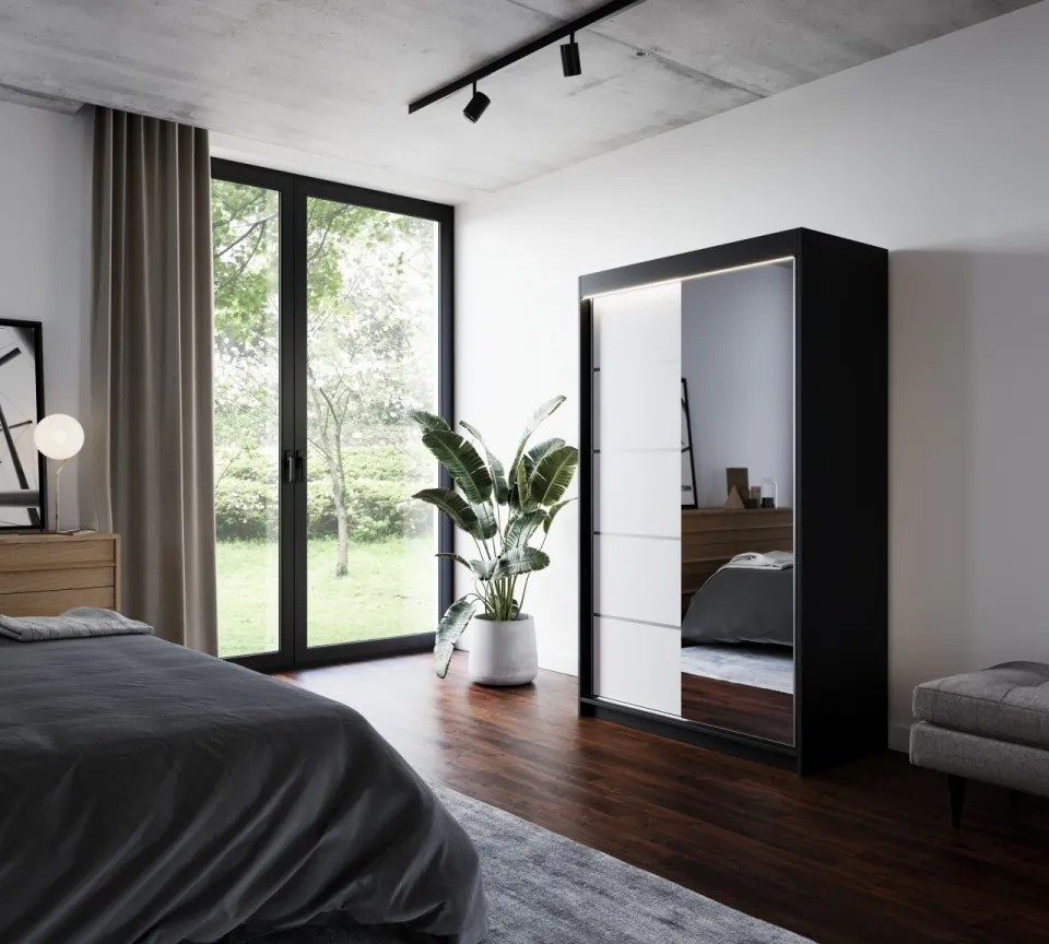 Dulap cu usi glisante si oglinda + iluminare LED, Nicea 120 + LED, 120 cmx200 cmx58 cm, ADRK Furniture (Culoare: Alb / Sonoma)