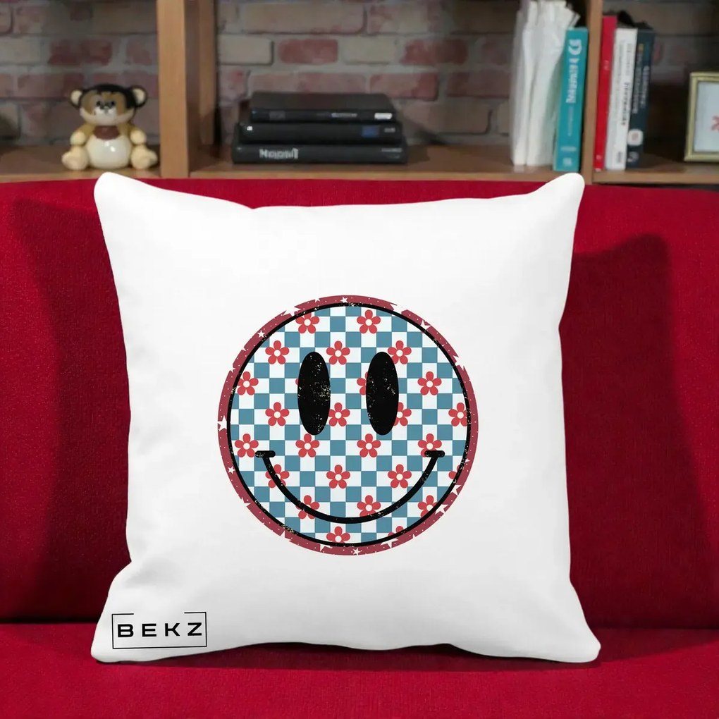 Perna Decorativa Smiley Face Checkered cu Floricele, 40x40 cm, Alba Mata, Husa Detasabila, Perna Inclusa, BEKZ®