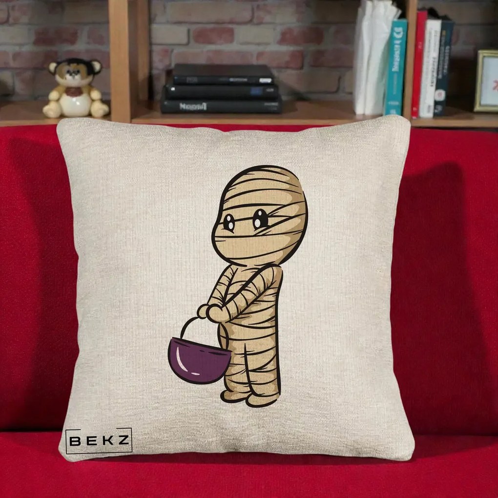 Perna Decorativa Halloween Mummy Kawaii cu Cos, 40x40 cm, Bej Canapea, Husa Detasabila, Perna Inclusa, BEKZ®