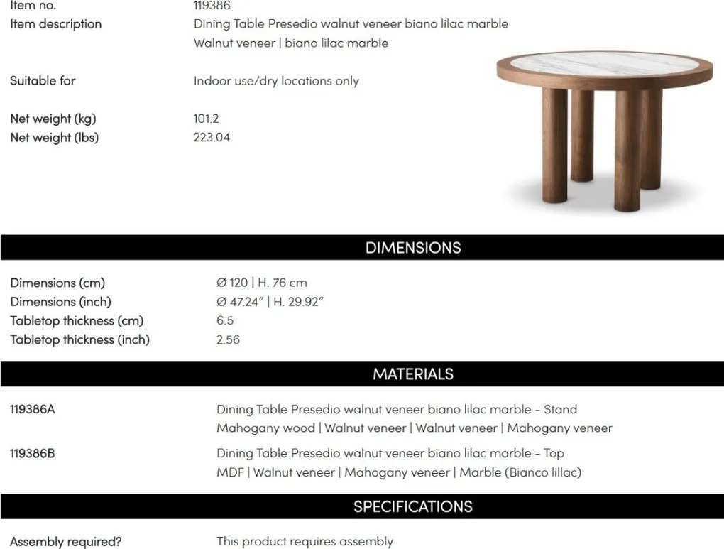 Masa rotunda LUX, Marmura, Furnir Nuc, Presedio 120cm