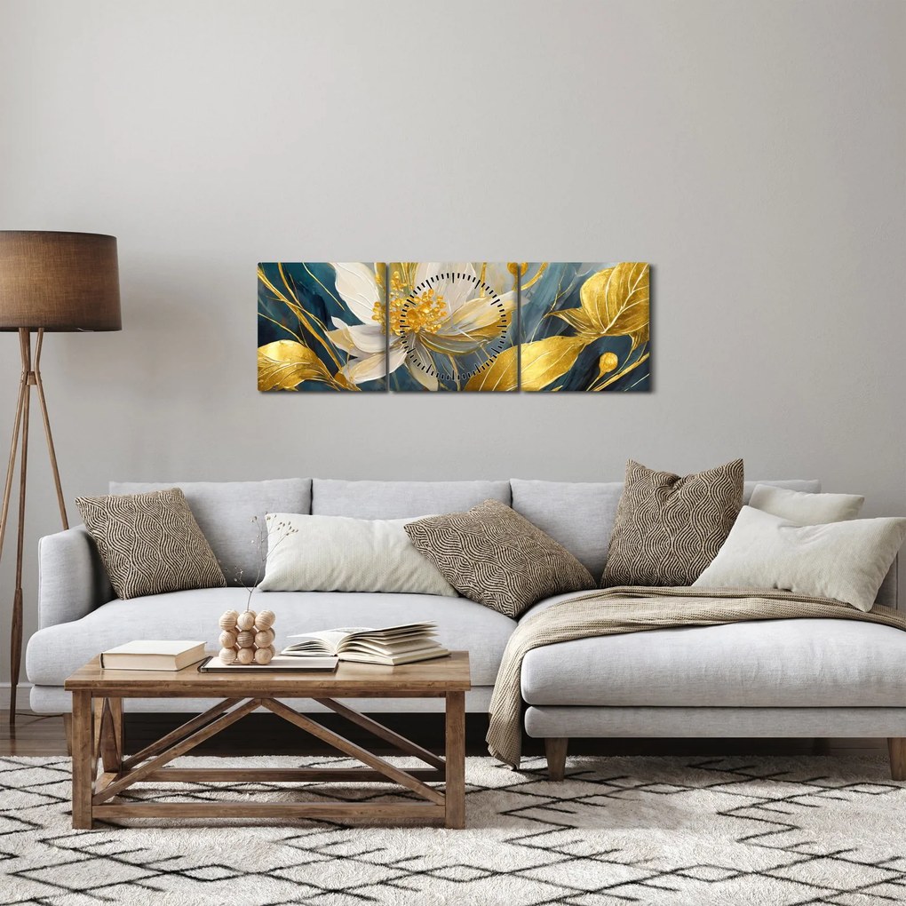Tablou - Pictura de flori de aur (cu ceas) (90x30 cm)