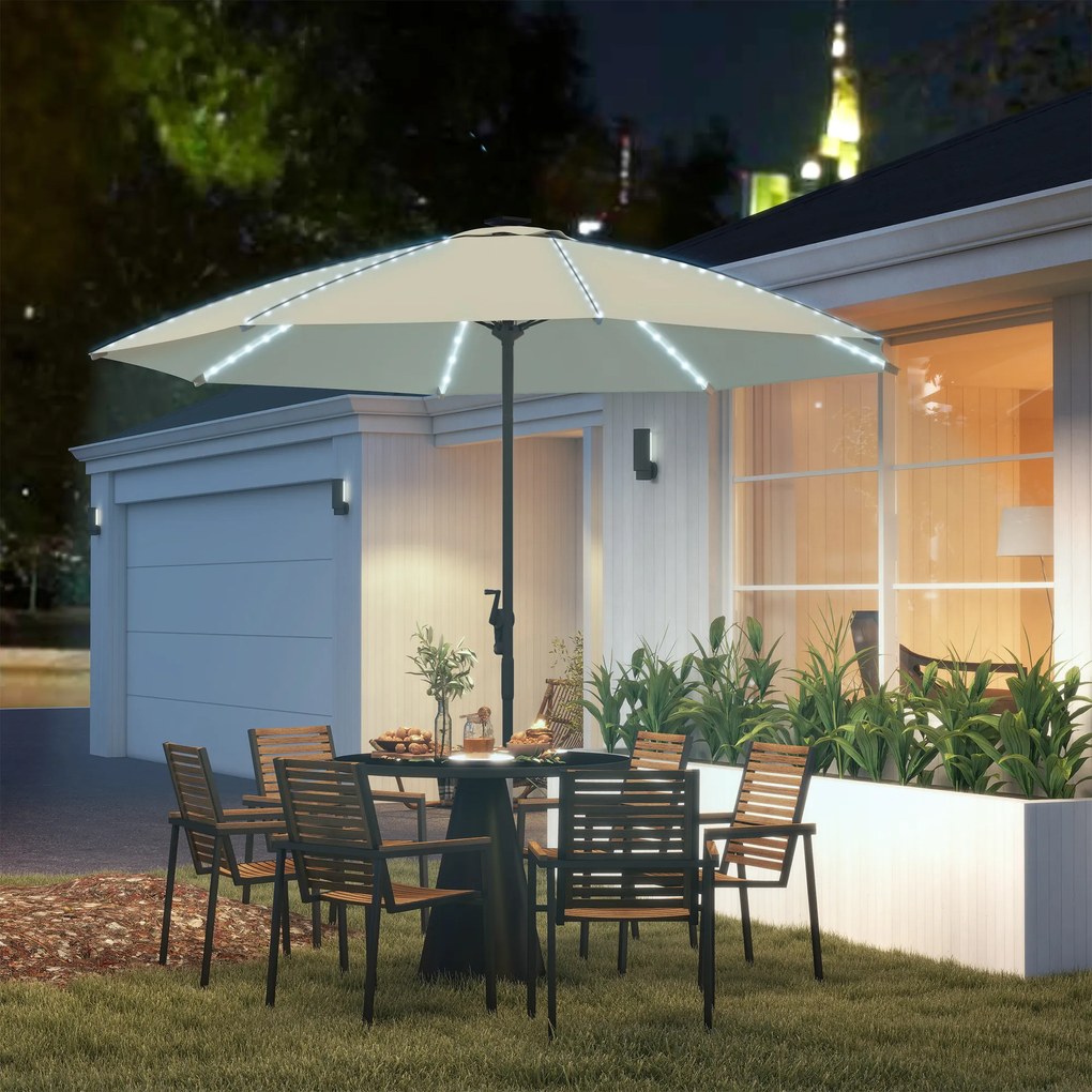 Outsunny Umbrelă Terasă Exterioară cu Lumini LED Protecție UV50+ Stâlp din Aluminiu Manivelă Acoperiș Ventilat Ø300x256 cm Crem | Aosom Romania