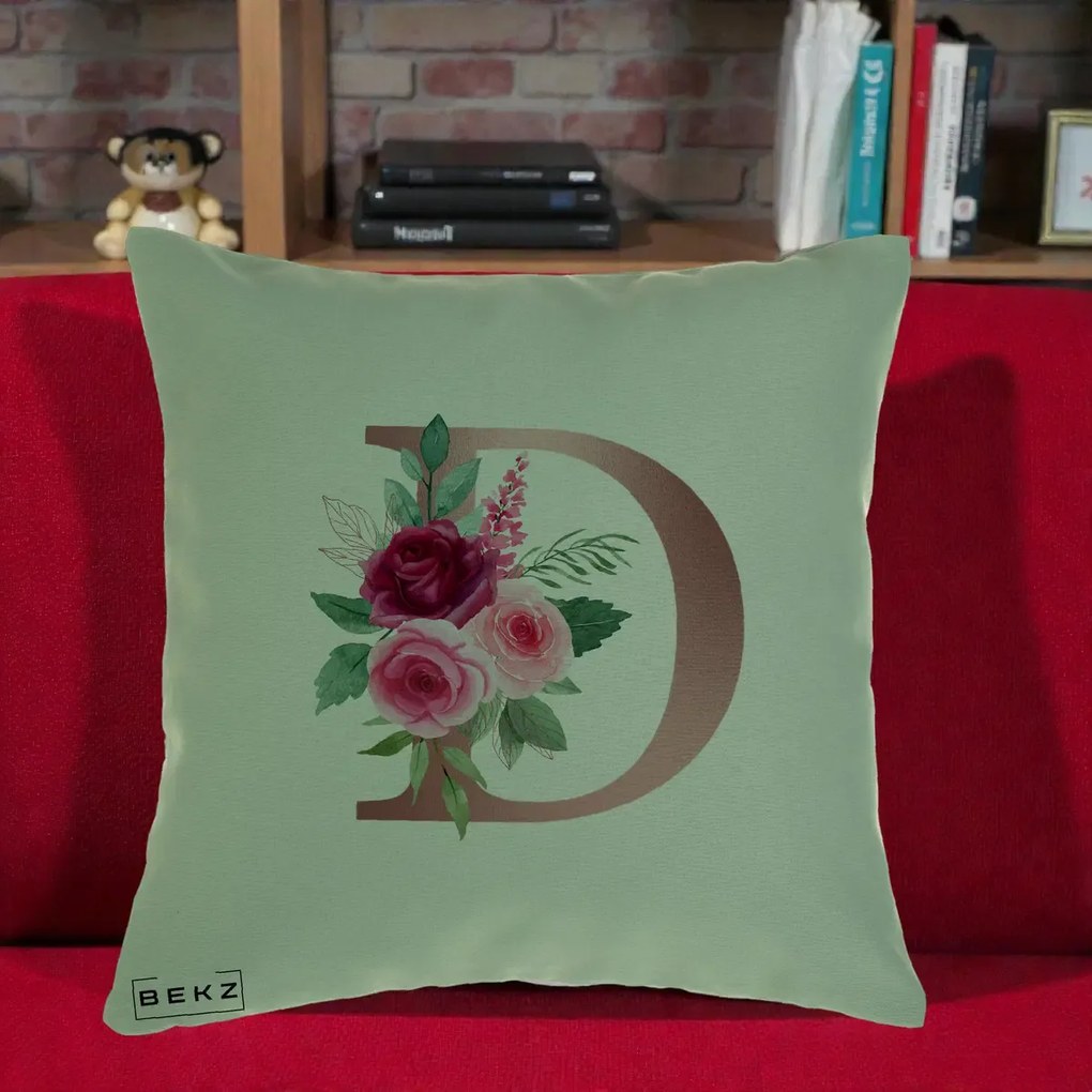 Cadou Personalizat - Perna Personalizata Monograma Rose Gold Litera D, 40x40 cm, Verde, Husa Detasabila, Perna Inclusa, BEKZ®