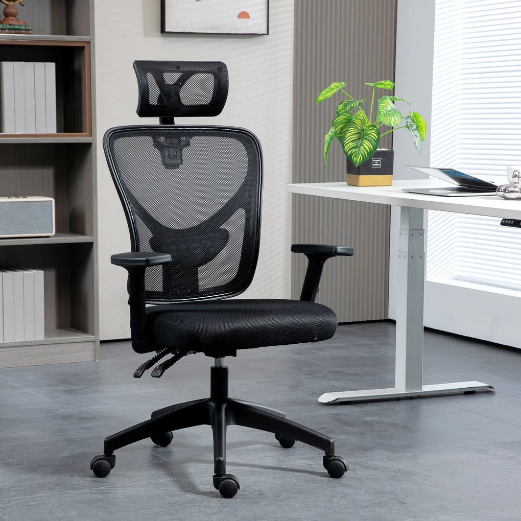 Vinsetto Scaun Birou Ergonomic, Scaun Ergonomic cu Suport Lombar si Tetiera, 66x61x106-116cm Negru | Aosom Romania