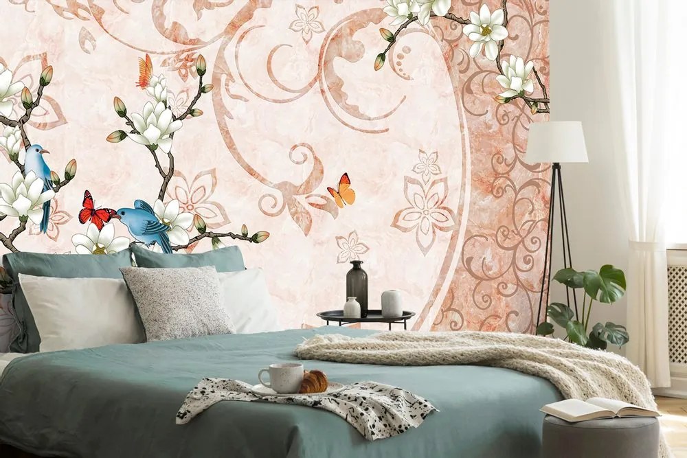 Tapet natura moartă vintage cu păsărici și fluturi